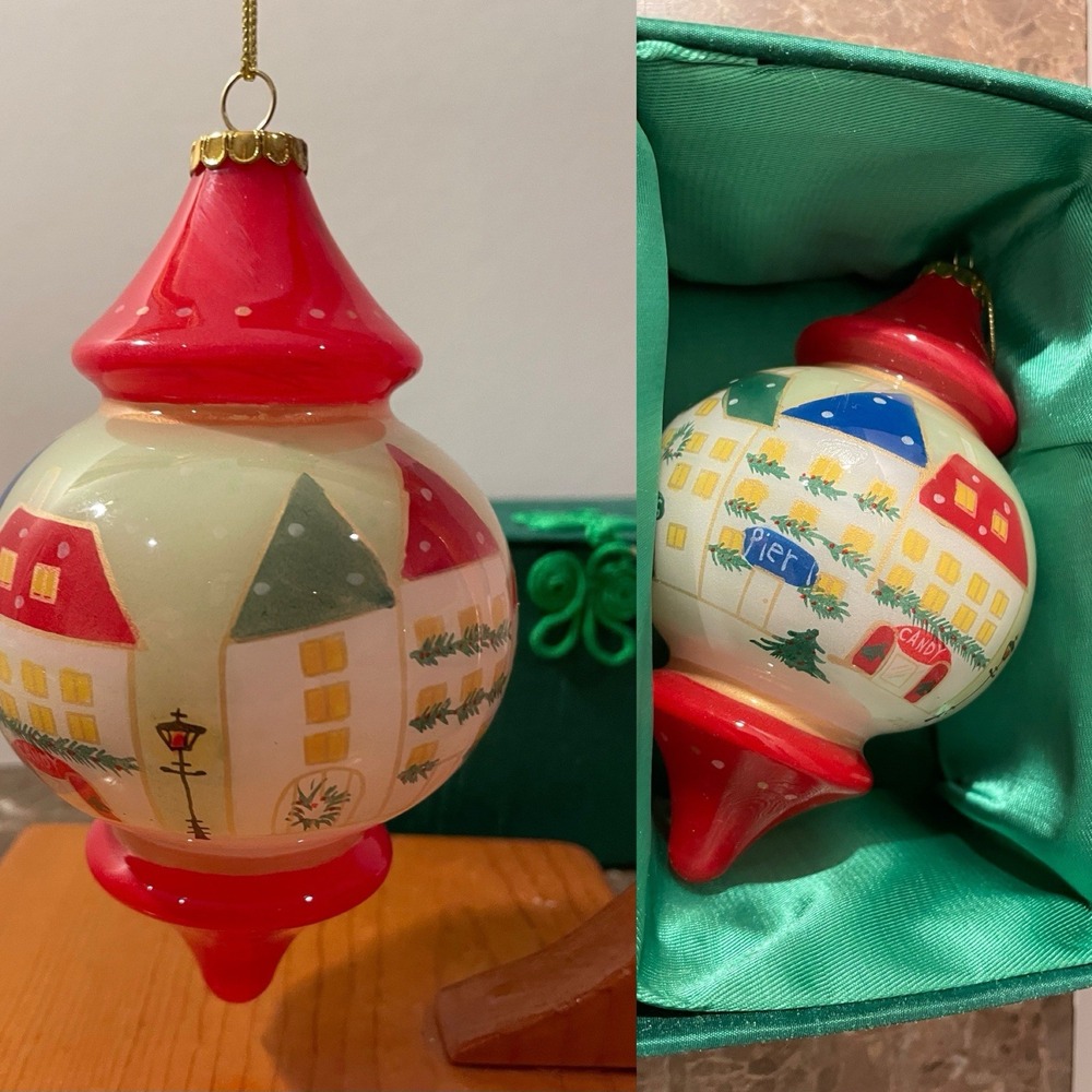 Li Bien Pier 1 Imports Christmas Ornament Reverse Hand Painted Village Top w Box